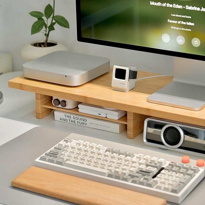 Bamboo Dual Monitor Stand Riser Natural, 2-Tier Desk Monitor Riser - Image 3