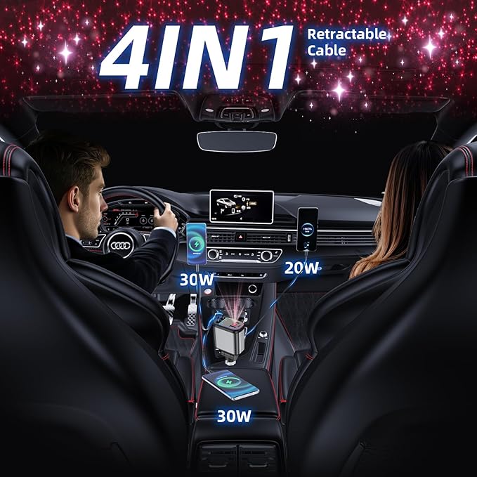 Fast Car Charger with Starlight, 4 in 1 Retractable Car Charger, 69W USB C - Image 7