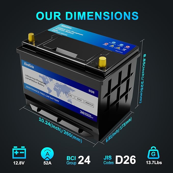 XINGCELL Kim Kirin12.8V 52Ah LiFePO4 Car Battery Group 24/D26 – Lithium Iron - Image 2
