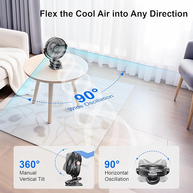 iNeibo 10000mAh Portable Clip on Fan, 90° Oscillating Fan, 8 Inch Rechargeable - Image 2