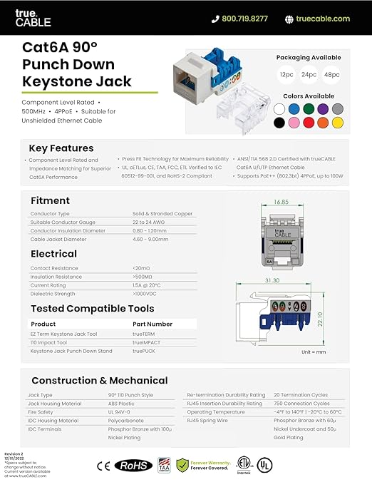 trueCABLE Cat6A Keystone Jack, Unshielded, 90 Degree Punch-Down, UL Listed - Image 8