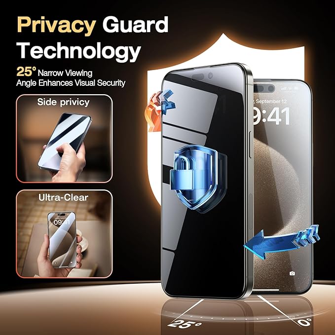 EGV 2 Pack for iPhone 15 Pro Max Privacy Screen Protector, 9H+ Military Grade - Image 2