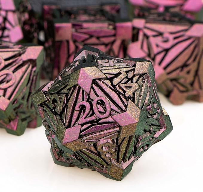 7PCS Metal DND Dice Set with Box, Debris RPG Purple Red D and D Dice by ORIFANTOU