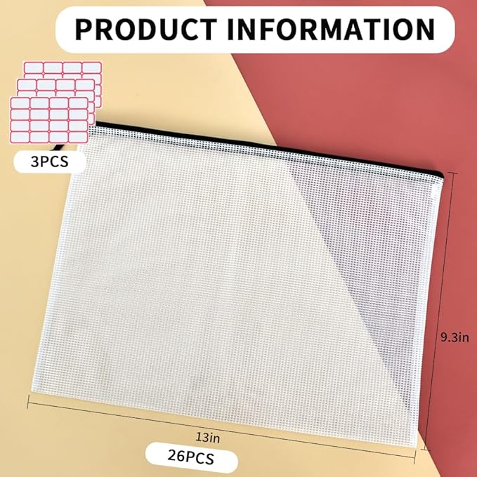Vuzvuv 26pcs A4 Size 13"x 9.3" Mesh Zipper Pouch Zipper Bags, Document File - Image 2