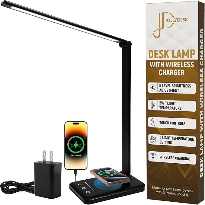 LED Desk Lamp with Wireless Charger – Touch Control Dorm Desk Lamp with USB by JollyDesk