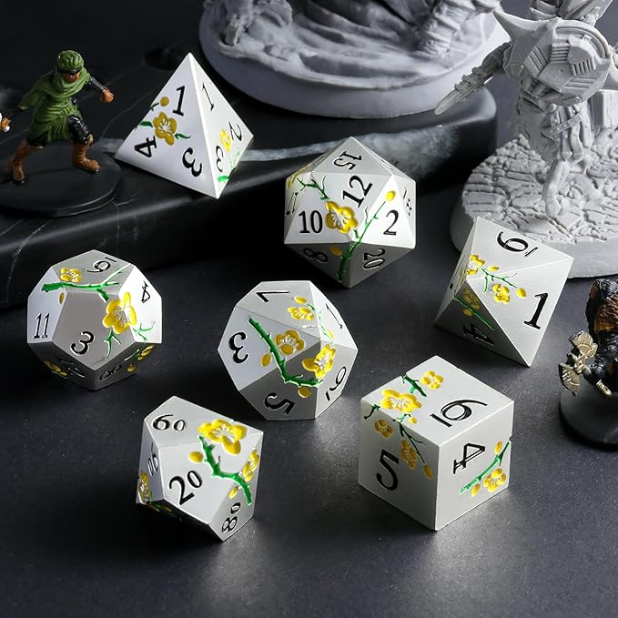 Silver Metal DND Dice, DNDND 7 PCS Heavy Flower Metallic D&D Dice Set - Image 5