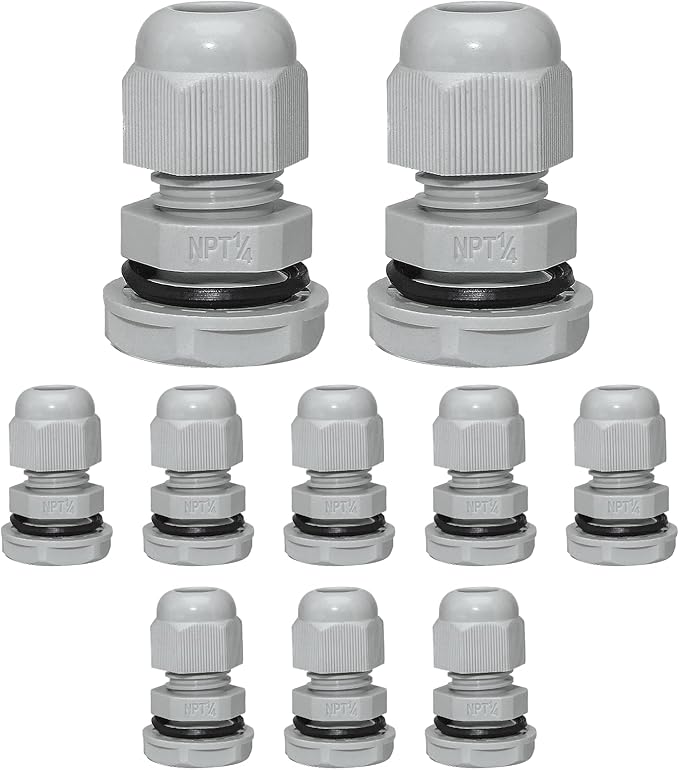 10 Pcs 1/4" NPT Nylon Cable Glands, IP68 Waterproof Adjustable Cord Grip Cable by Bonsicoky