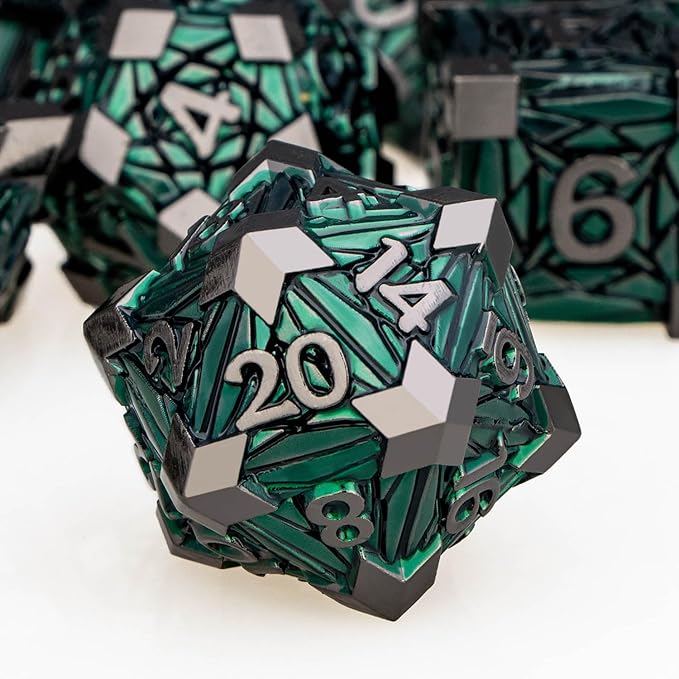 7PCS Metal DND Dice Set with Box, Debris RPG Green D and D Dice by ORIFANTOU