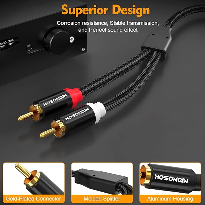 HOSONGIN RCA Cables 3.3ft 2 Pack, 2-Male to 2-Male RCA Audio Stereo Subwoofer - Image 5
