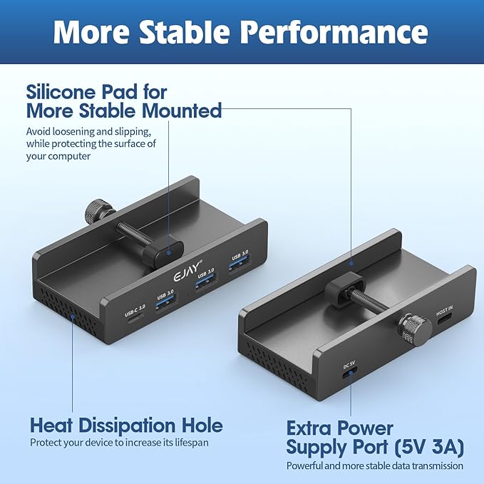 EJAY Mountable 4Ports USB3.0 HUB Alu Desktop Clamp Type C USB3.0 Splitter - Image 5