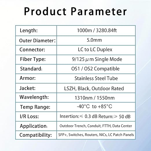 1000M/3281FT LC to LC Armored Outdoor Fiber Optic Cable, Single Mode Duplex - Image 6