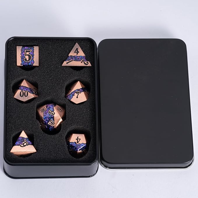 Polyhedral Metal Dice DND, RPG Purple Glitter Stripe Dice Set, Antique Copper - Image 6
