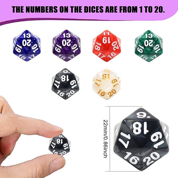 Handan 6 Pieces D20 Polyhedral Dice, 20 Sided DND Dice, 22mm Large Pearl Mixed - Image 2