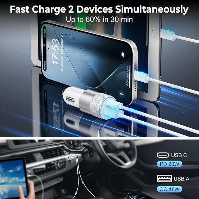 3-Pack Car Charger, Ancekoy 38W Dual Port Fast Charge PD & QC 3.0 Car Adapter - Image 4