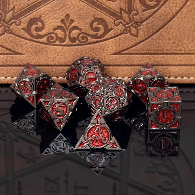 Red Black Nickel Finish Heavy Metal DND Dice Set - Image 2