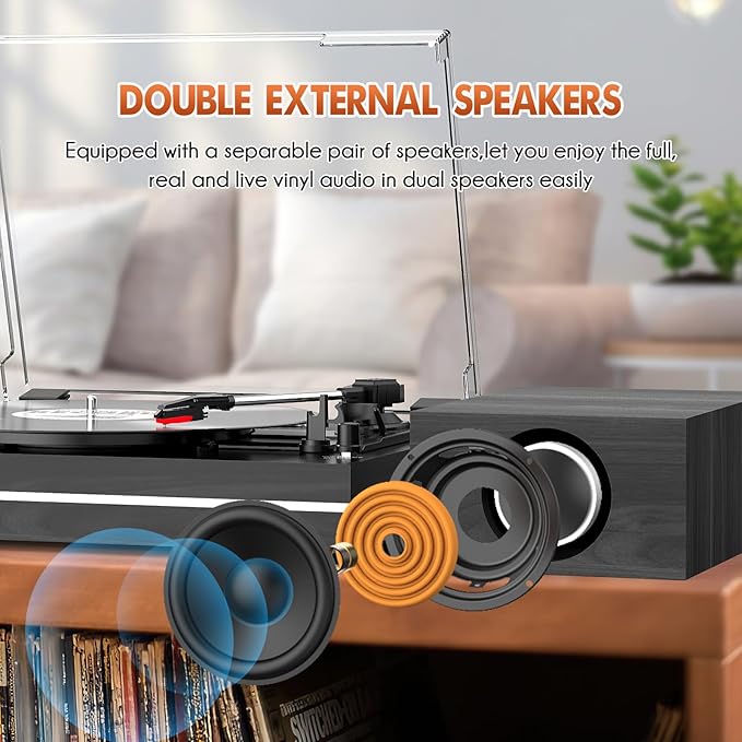 Vinyl Record Player with Dual Separate Stereo Speakers Vintage Turntable with - Image 2