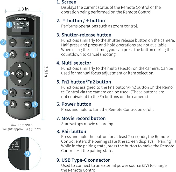 Rechargeable Shutter Release for Nikon AODELAN Wireless Camera Remote Control - Image 5