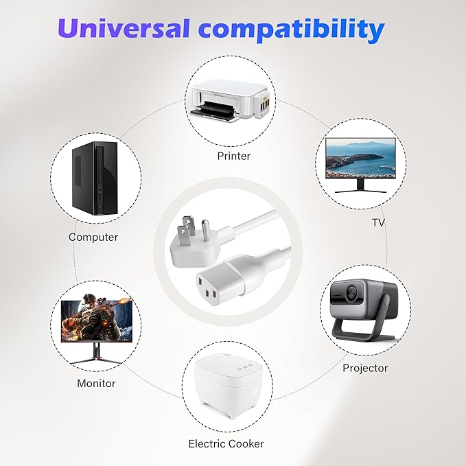 Adoreen 6 Ft Computer TV Replacement Power Cord White, Low Profile Flat Plug - Image 7