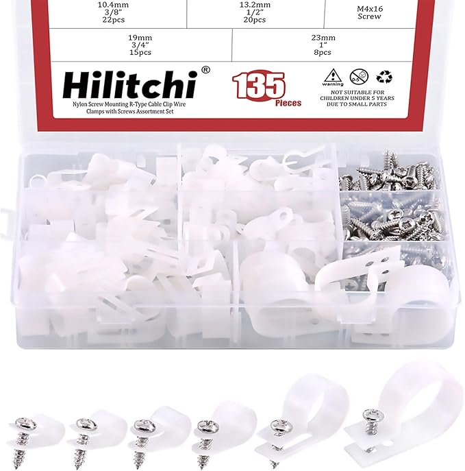 Hilitchi 135 Pcs 6 Sizes White Plastic Cable Clamp R Type Screw Mounting Cord by Hilitchi