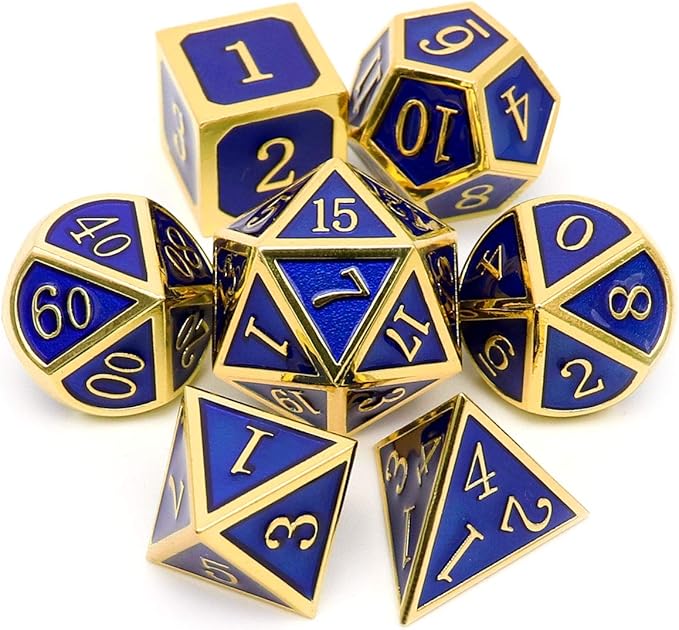 Haxtec Metal DND Dice Set 7 Die Gold Blue Metal D&D Dice Compatible by HaxtecDice