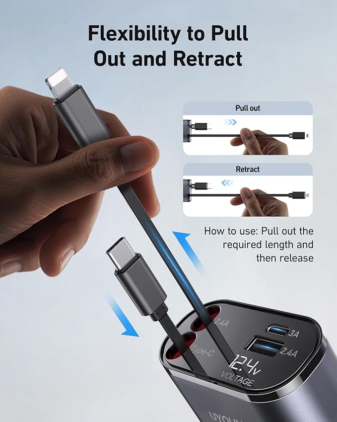 UYOUNG Retractable Car Charger 100W, 4 in 1 Fast Car Phone Charger, 2 - Image 5