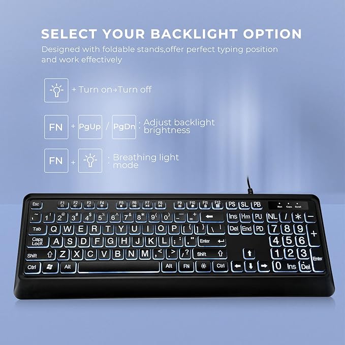 Large Print Backlit Keyboard, USB Wired Computer Keyboard, Full Size Keyboard - Image 4