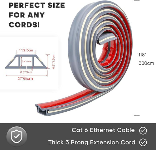 10ft Large Grey Floor Cord Cover, Self-2" x 0.6", Cable Cavity:0.8" x 0.4" - Image 2