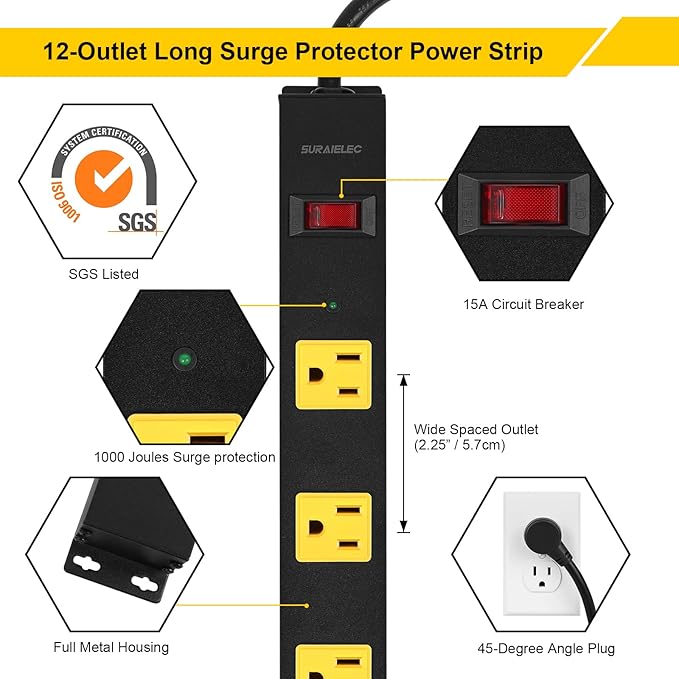 SURAIELEC 12 Outlet Long Metal Power Strip, 15 FT Cord Surge Protector - Image 2