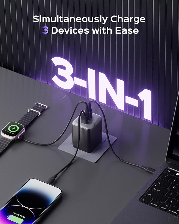100W USB C Charger Block, 3-Port Compact Foldable Power Adapter USB Wall Charger - Image 3