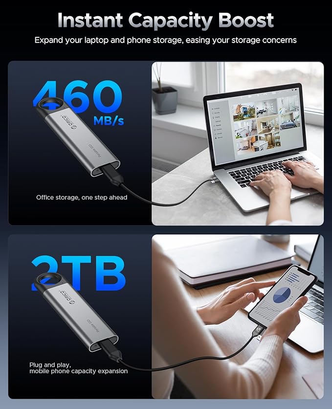 ORICO 2TB Portable SSD, Hanging Hook Design, Plug & Play, USB-C & A 2-in-1 Cable - Image 6