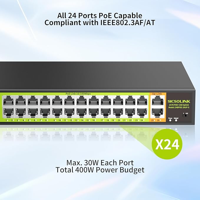 POE Switch with 24 Port POE + 2 Gigabit Uplink, 802.3af/at PoE+ 100Mbps - Image 3