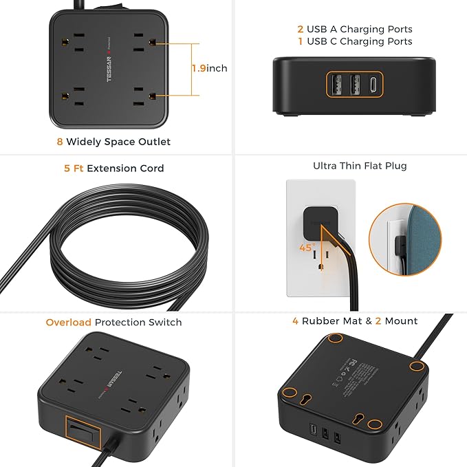 TESSAN Surge Protector Flat Plug Power Strip, 8 AC Outlets, 3 USB Charger 3 - Image 7