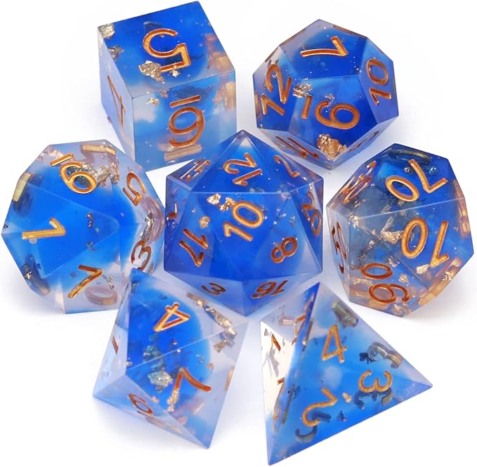 Haxtec Blue DND Dice Set Sharp Edge Resin Dice Gold Flakes by HaxtecDice