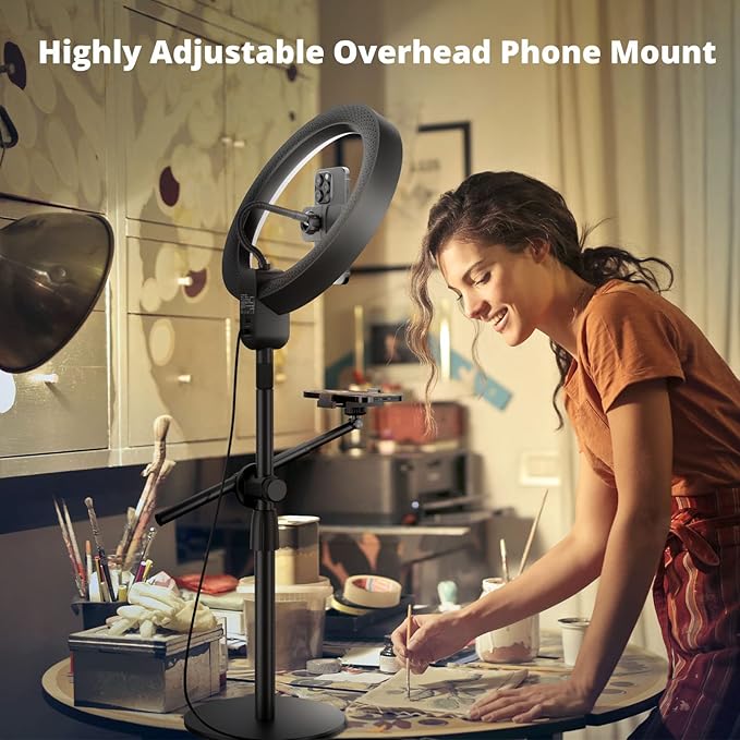 12" Ring Light with Stand and Phone Holder, Overhead Phone Stand, 2 Phone - Image 2
