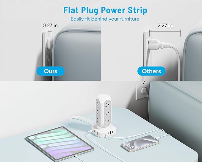 Tower Power Strip with Surge Protection, Flat Plug Outlet Extender with 12 AC - Image 4