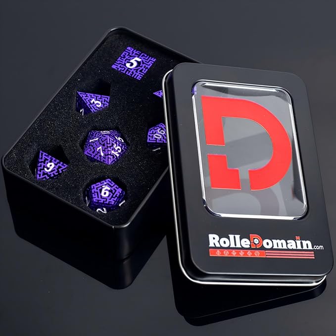Purple Metal Hollow DND Dice Set Metallic Luster Maze Design - Image 9