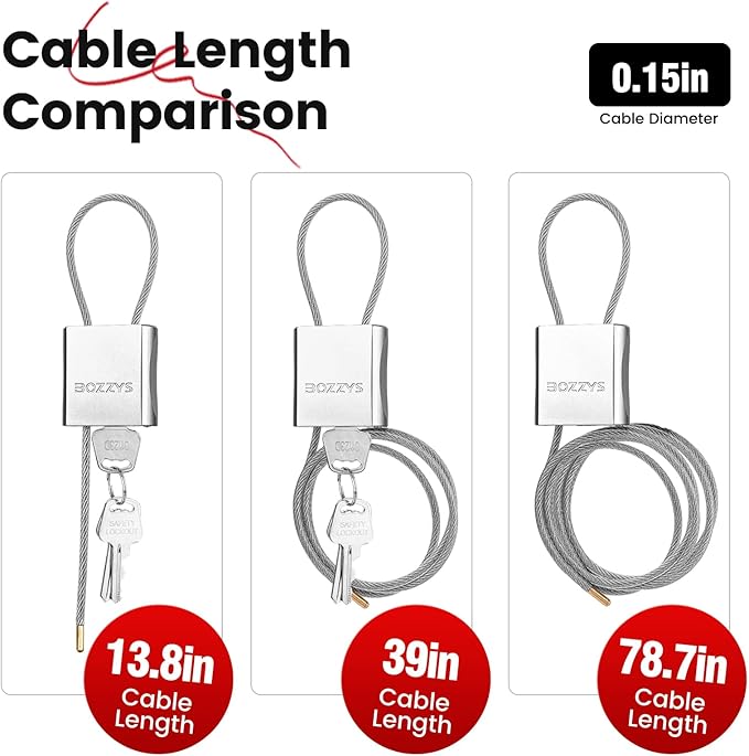 Cable Lock with 3 Keys | L 6.56ft, D 1/6in Adjustable Steel Cable Padlock | - Image 9