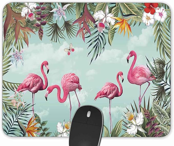 Tropical Leaves and Flamingo Gaming Mouse Pad， Rectangle Mouse Pad Size by Qien+BaiSei
