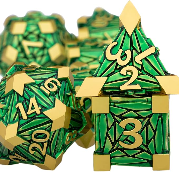 Metal DND Dice Set with Box, Debris RPG Green Golden D and D Dice - Image 2