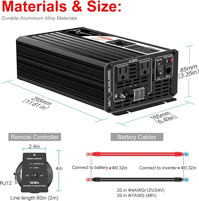 Xijia 1500W Pure Sine Wave LCD-Display Solar Power DC 12V Inverter AC 120V 60HZ - Image 6