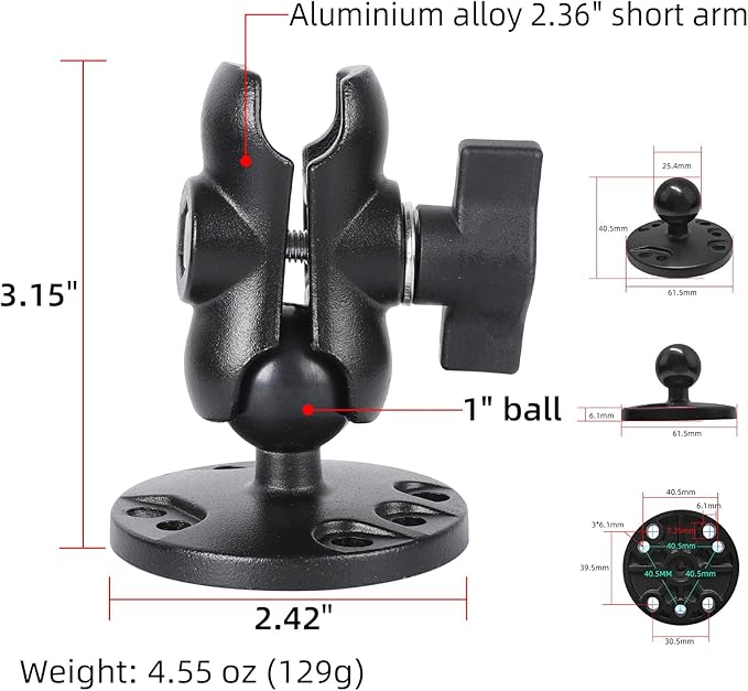 1" Ball Double Socket Arm with AMPS Hole Round Plate Base, Aluminum Alloy - Image 2