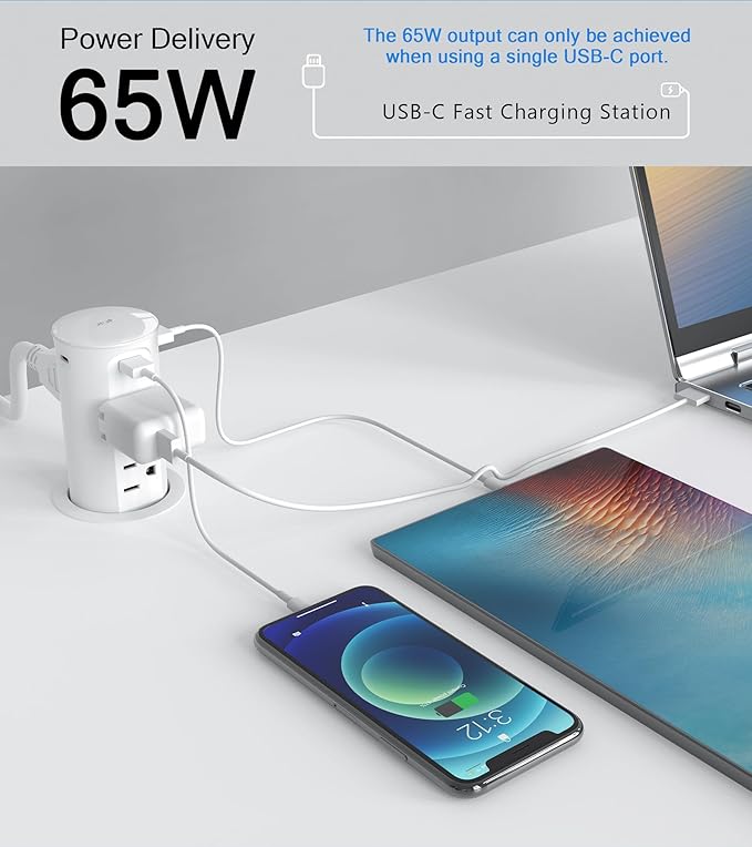 Pop up Outlet for Countertop, 65W USB C Fast Charging Port, 2.5-inch Hole - Image 3