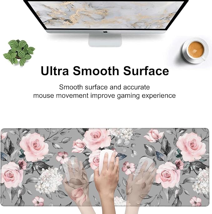 Pink Roses Desk Mat, Large Spring Blooming Flowers and Leaves Gaming Keyboard - Image 5