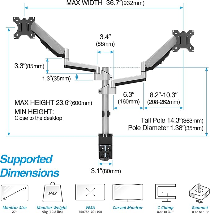 AVLT Dual 13"-27" Stacked Monitor Arm Desk Mount - Image 2