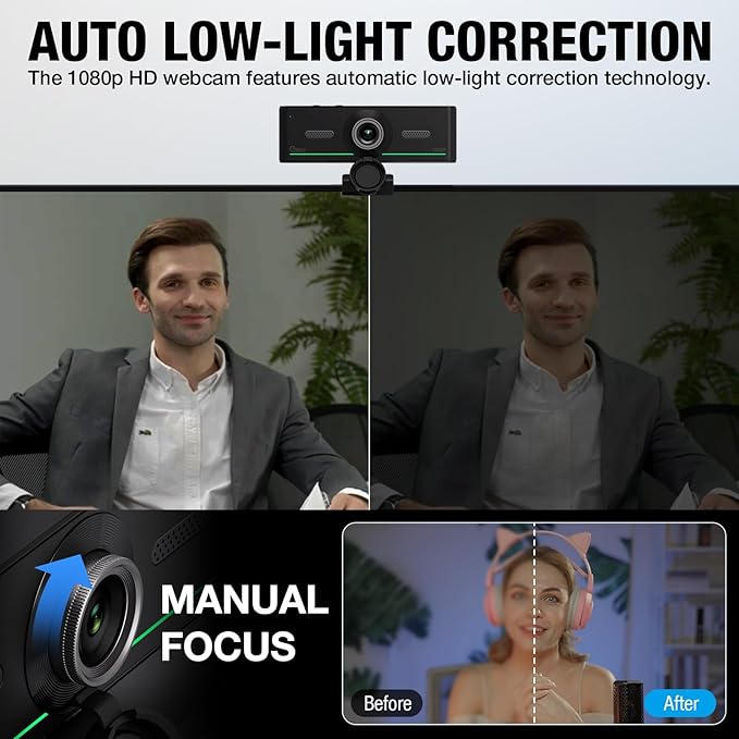 1080P Webcam with Mics, Auto Light Correction, USB Plug&Play, Privacy Cover - Image 6