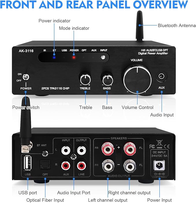 Amplifier Home Audio, Stereo Receiver Bluetooth 5.0 Power amp 100W x2 Wireless - Image 7