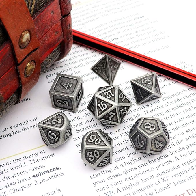 Haxtec Antique Iron Metal DND Dice Set Silver D&D Polyhedral Dice W/PU Leather - Image 4
