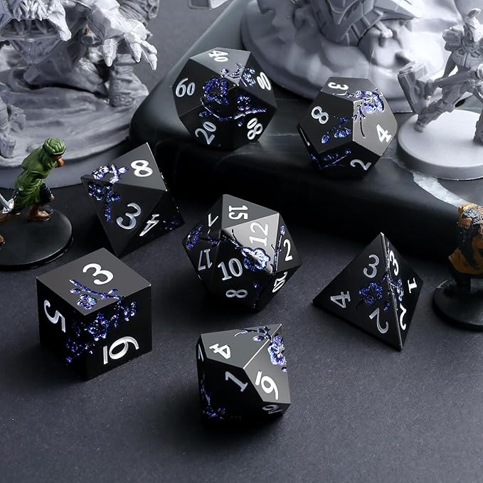 Glitter Blue D&D Metal Dice, DNDND 7 PCS Flower Metallic DND Dice Set - Image 3