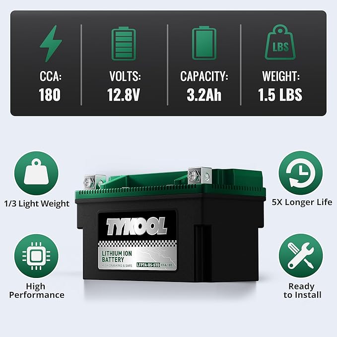 YTX7A-BS, 180 CCA, Lithium LiFePO4 Motorcycle Battery, 2X Cranking Amps - Image 3