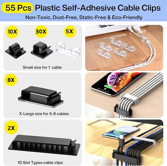 Cable Management Kit, 67 Adhesive Cable Clips, Topavatop Desk Cord Organizer - Image 2